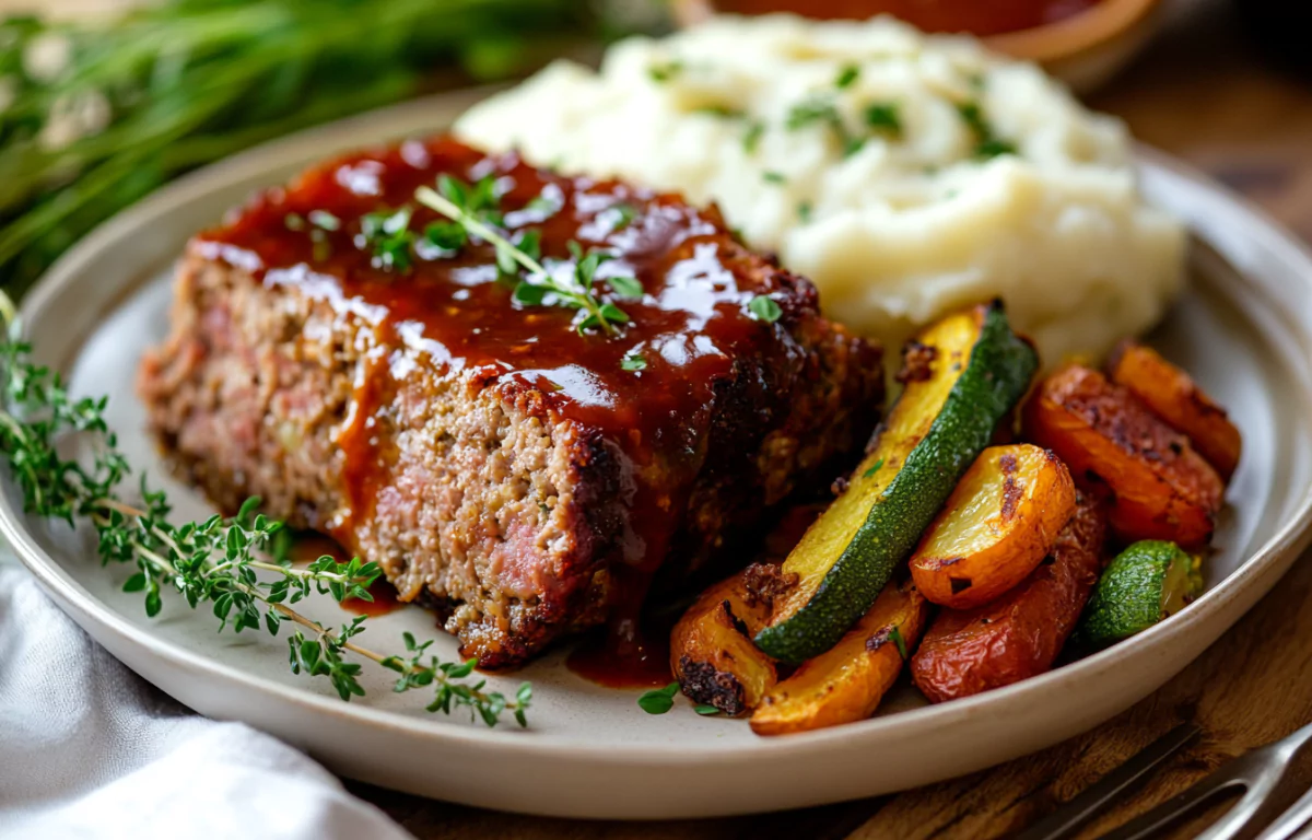 Pain de viande avec des légumes sautées et des pommes de terre