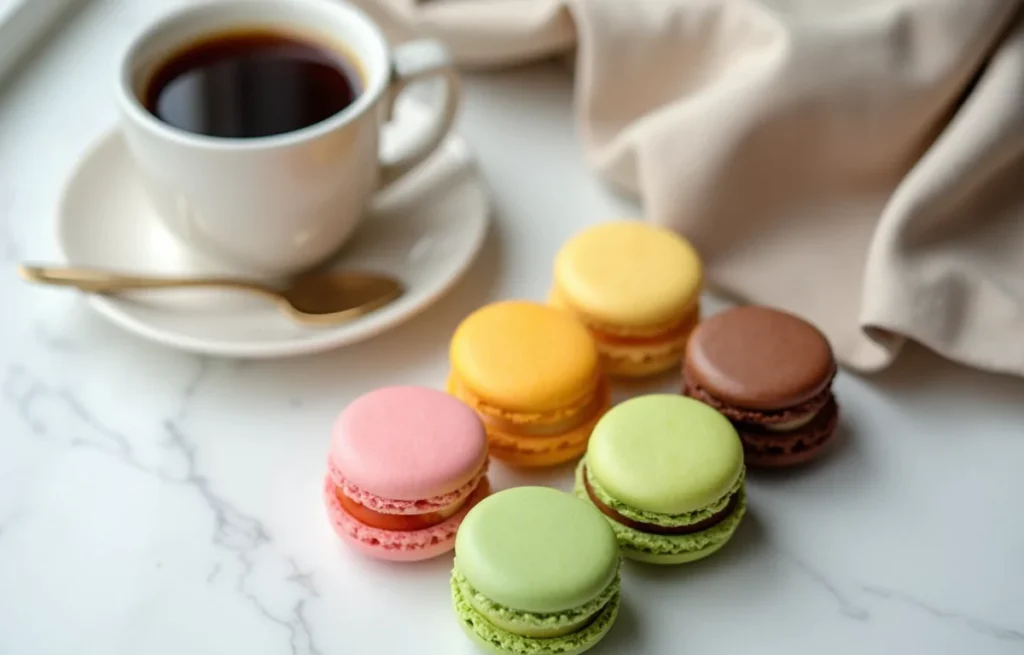 Mini Macarons avec une café dans un tasse